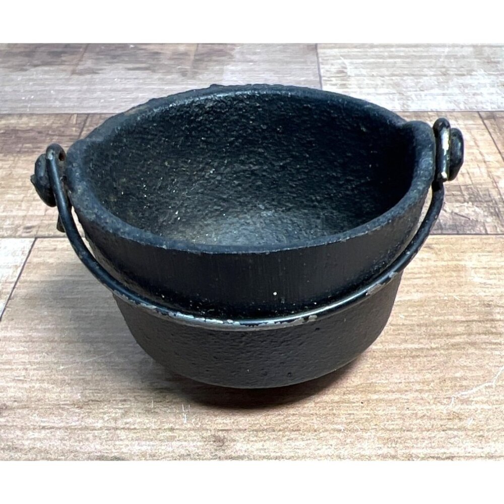 Vintage Black Cast Iron Mini Cauldron With Handle